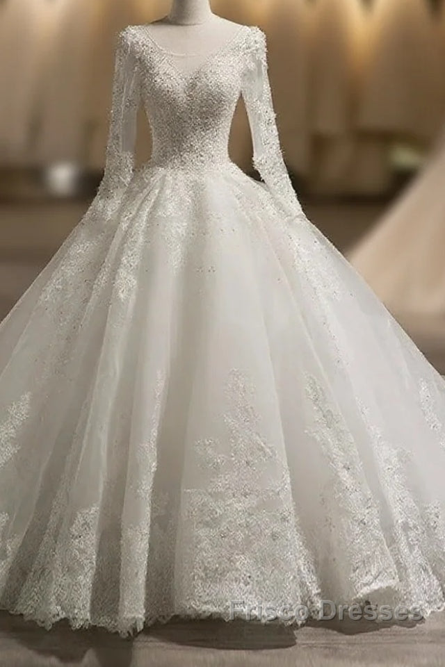 Scoop Long Sleeves Tulle Applique With Beading Chapel Train Ball Gown Wedding Dress Main image