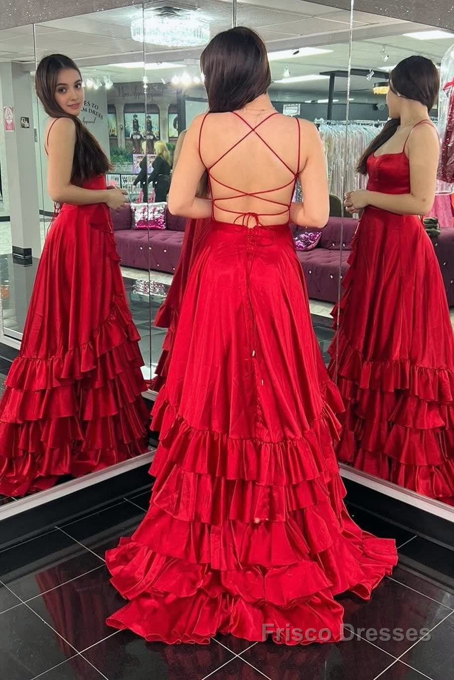Scoop Neck A Line Lace-Up Ruffle Tiered Red Prom Dress with Slit Secondary image