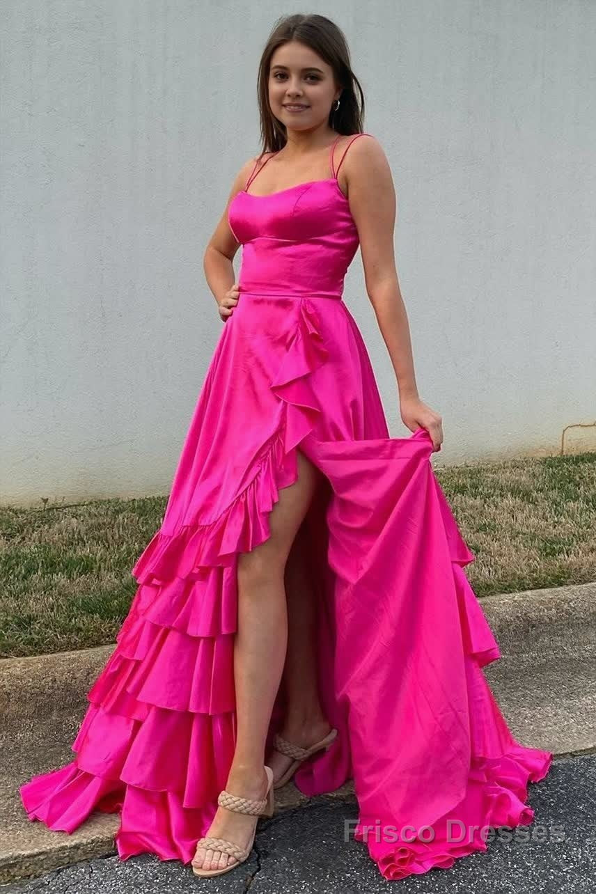 Scoop Neck A Line Lace-Up Ruffle Tiered Red Prom Dress with Slit