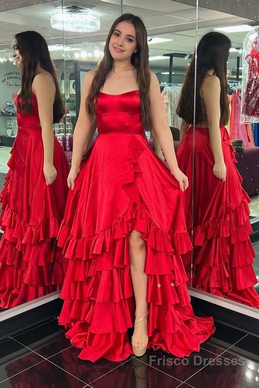 Scoop Neck A Line Lace-Up Ruffle Tiered Red Prom Dress with Slit Main image