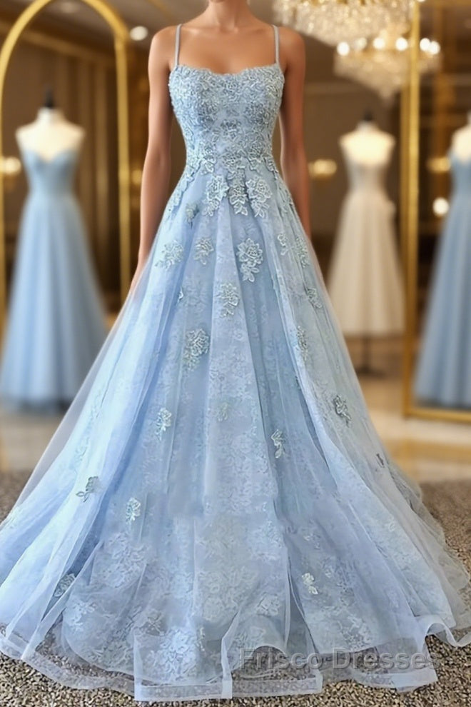 Scoop Neck Light Blue Backless Lace Formal Prom Dresses, Scoop Neck Blue Lace Formal Evening Dresses