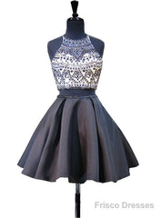 Scoop Neckline Beaded Backless Black Short Homecoming Dress