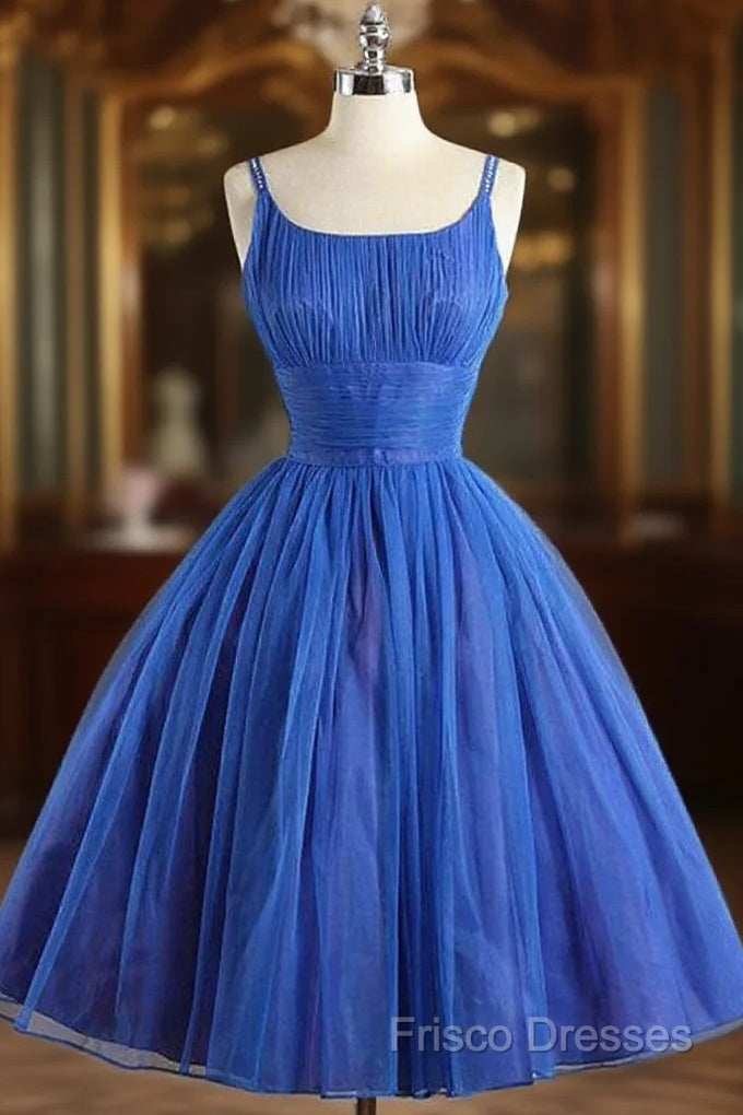 Scoop Neckline Royal Blue Party Dress, A-Line Spaghetti Strap Short Formal Dress