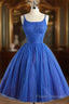 Scoop Neckline Royal Blue Party Dress, A-Line Spaghetti Strap Short Formal Dress