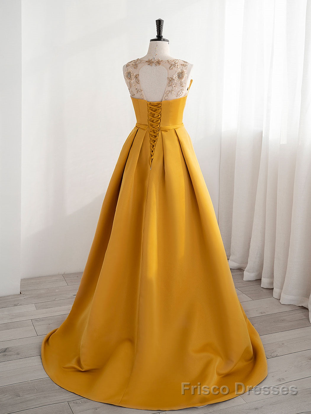 Scoop Neckline Satin Yellow Long Prom Dresses, Yellow Formal with Beading Sequin Secondary image