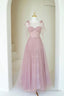 Scoop Neckline Tulle Pink Long Prom Dress, Cute A-Line Evening Party Dress