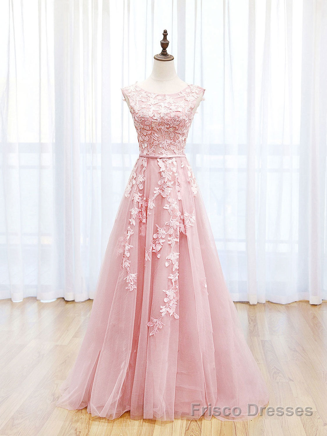 Scoop Neckline Tulle Pink Long Prom Dress, Pink Backless Evening Dresses Main image