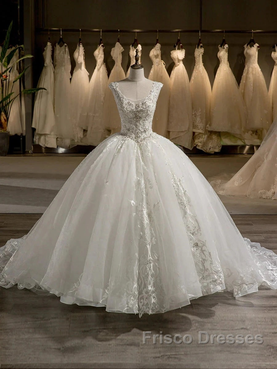 Scoop Sleeveless Tulle Embroidery With Beading Court Train Ball Gown Wedding Dress