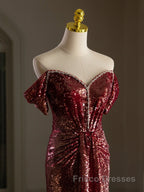 Simple Off Shoulder Sequin Burgundy Long Formal Prom Dresses, Burgundy Long Evening Dresses