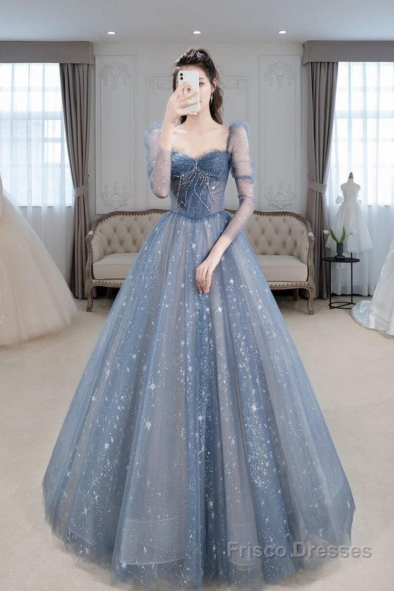 Blue Sparkly Tulle Prom Dress with Long Sleeves, New Style Long Dress with Beading Main image