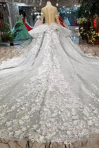 Gorgeous Lace Appliques Tulle Long Sleeves Monarch Train Ball Gown Wedding Dresses