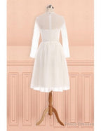 See Through Tulle Knee Length Sheer Round Long Sleeves Wedding Dress
