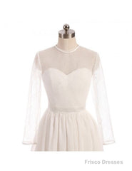 See Through Tulle Knee Length Sheer Round Long Sleeves Wedding Dress