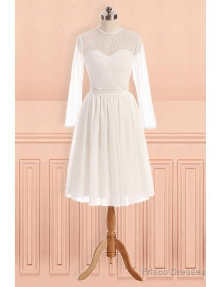 See Through Tulle Knee Length Sheer Round Long Sleeves Wedding Dress Main image