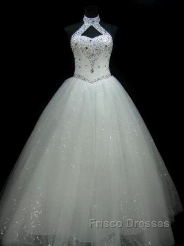 Sequin Ball Gown Sleeveless Floor Length Beading Tulle Halter Wedding Dress