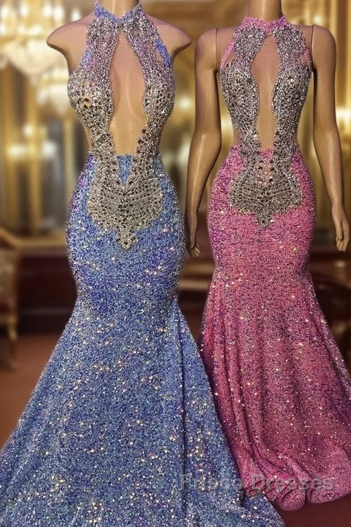 Sequin Mermaid Pink High Neck Crystals Formal Prom Dress Main image