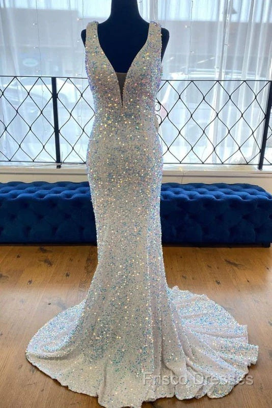 Sequin White Iridescent Formal Dress Cheap V Neck Sleeveless Formal Prom Dress Uk