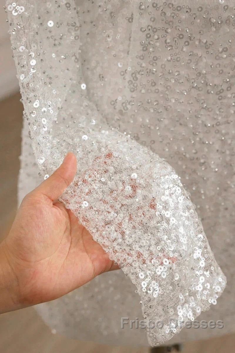 Sequined Backless Wedding Dress With Long Detachable Sleeves