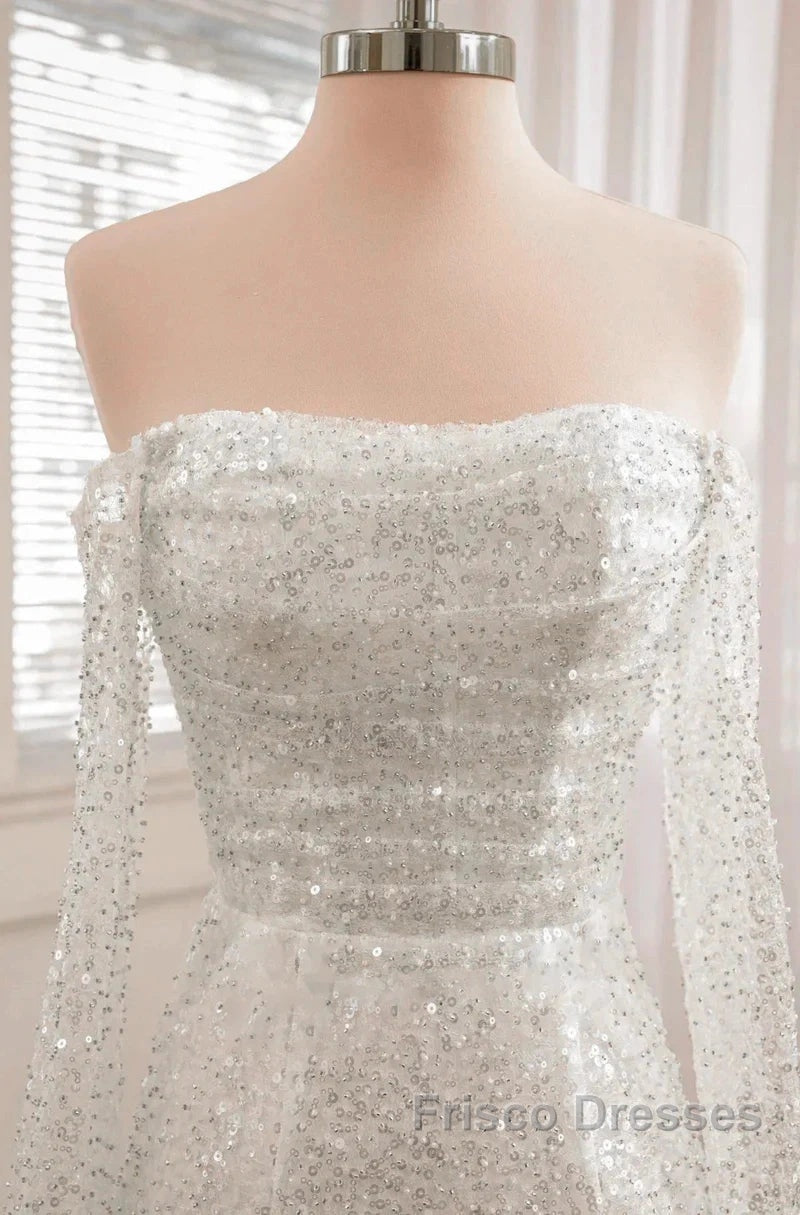 Sequined Backless Wedding Dress With Long Detachable Sleeves