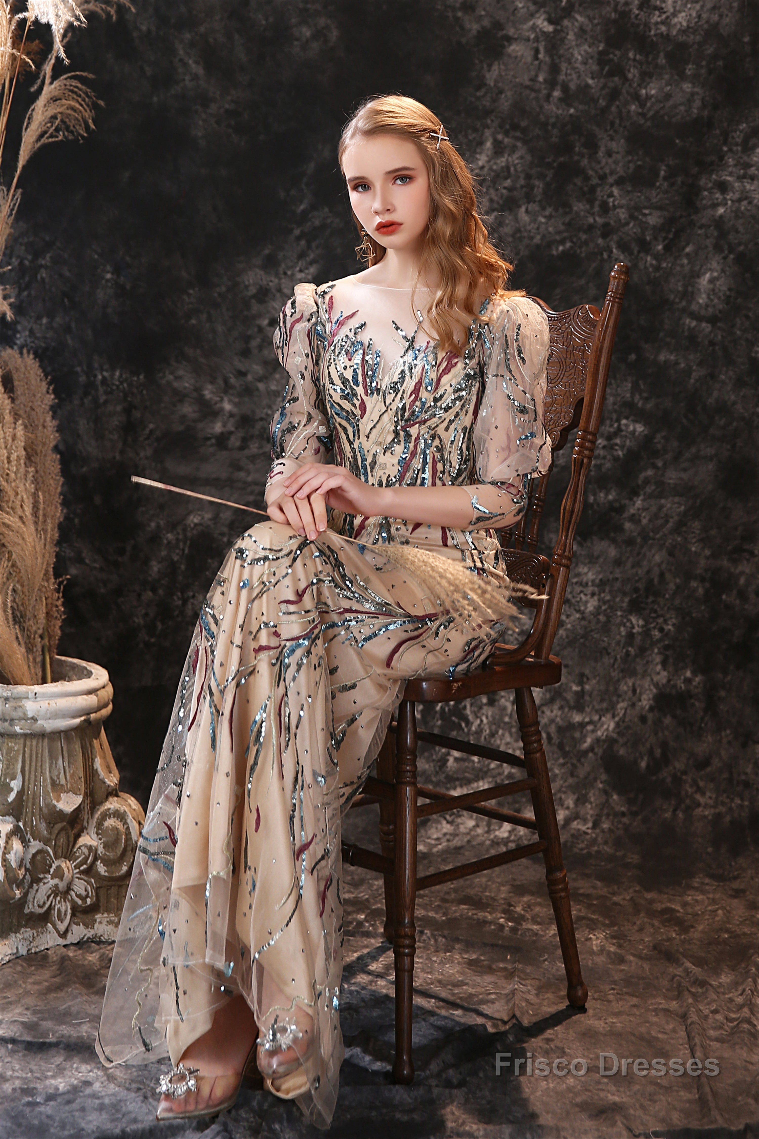 Sequined Lace Champagne Mermaid Prom Dresses Secondary image