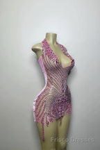 Sequined Mermaid Halter Jersey Beading Sleeveless Mini Rhinestone Party Dresses With Feather