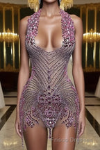Sequined Mermaid Halter Jersey Beading Sleeveless Mini Rhinestone Party Dresses With Feather