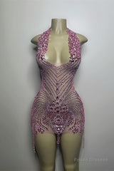 Sequined Mermaid Halter Jersey Beading Sleeveless Mini Rhinestone Party Dress With Feather