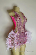 Sequined Mermaid Jewel Jersey Beading Sleeveless Mini Rhinestone Party Dresses With Feather