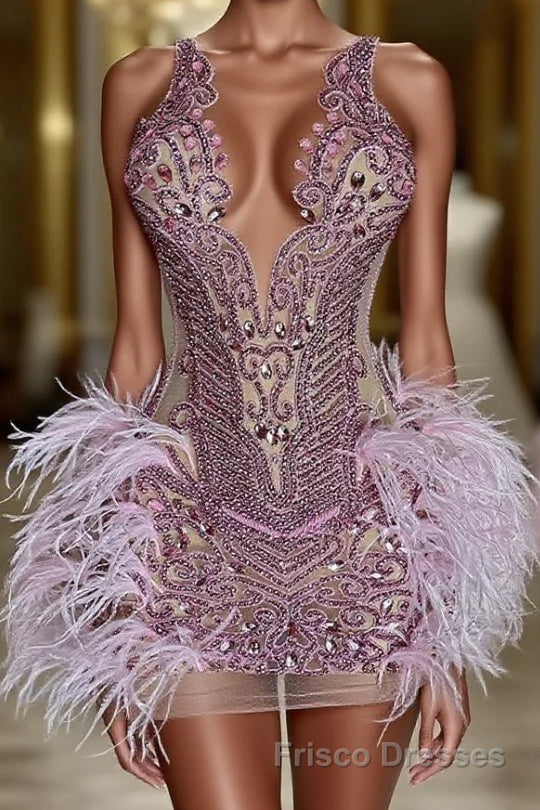 Sequined Mermaid Jewel Jersey Beading Sleeveless Mini Rhinestone Party Dresses With Feather Main image