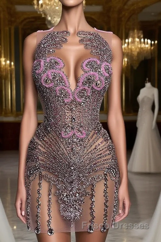Sequined Mermaid Jewel Jersey Beading Sleeveless Mini Rhinestone Party Dresses