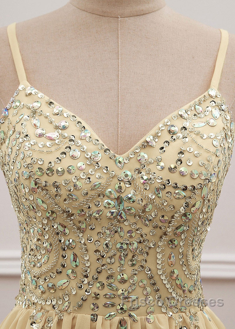 Sequined Spaghetti Straps Chiffon Long Formal Prom Dress