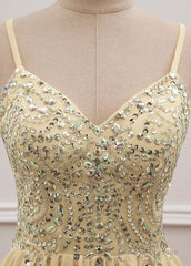Sequined  Spaghetti Straps Chiffon Long Prom Dresses