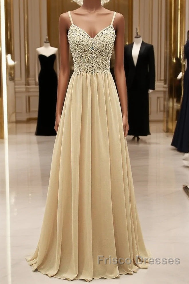 Sequined Spaghetti Straps Chiffon Long Formal Prom Dress