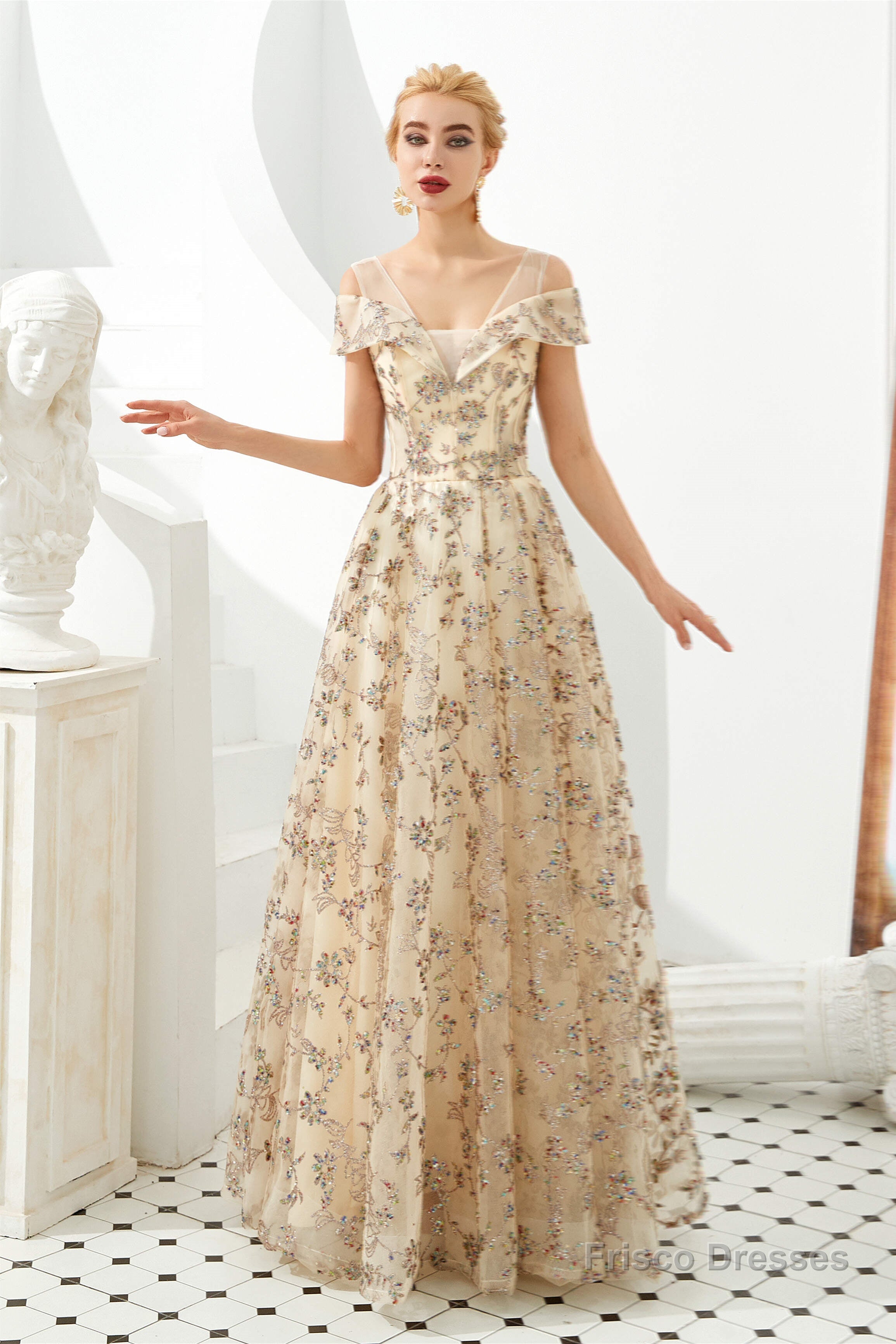 Sequined V Neck A Line Off Shoulder Strap Long Floor Length Prom Dresses Main image
