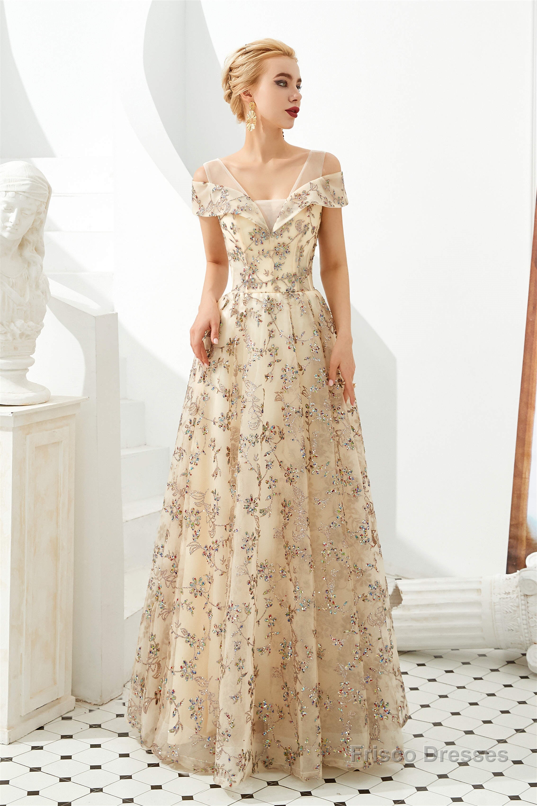 Sequined V Neck A Line Off Shoulder Strap Long Floor Length Prom Dresses Secondary image