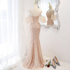 Sequins And Tulle Mermaid Long Party Dress Formal Prom Dress, Off Shoulder Formal Dress