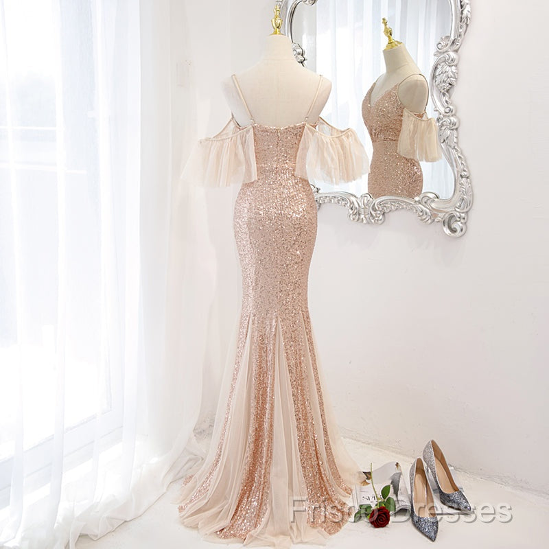 Sequins And Tulle Mermaid Long Party Dress Formal Prom Dress, Off Shoulder Formal Dress