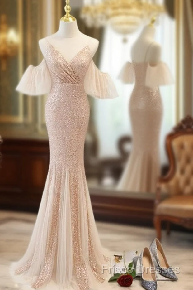 Sequins And Tulle Mermaid Long Party Dress Formal Prom Dress, Off Shoulder Formal Dress