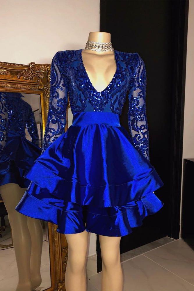 Sequins Appliques Long Sleevess V-Neck Layers Short Homecoming Dresses