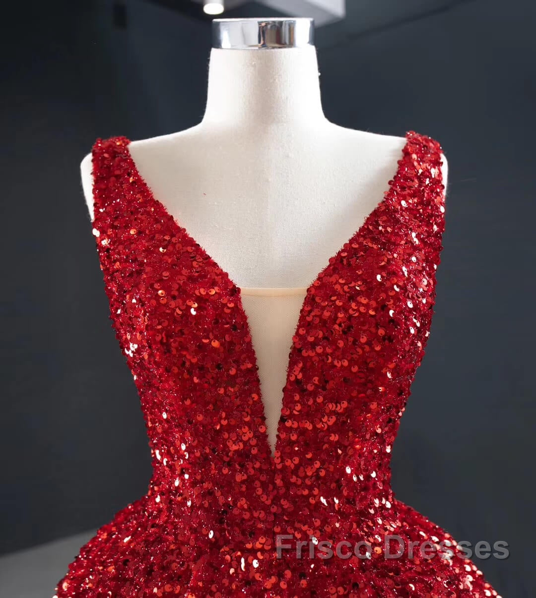 Sequins Asymmetrical Red Evening Dress Sleeveless Deep-V Formal Prom Formal Dress