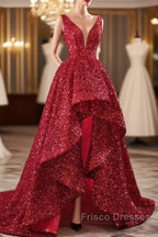 Sequins Asymmetrical Red Evening Dress Sleeveless Deep-V Formal Prom Formal Dress