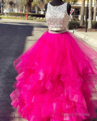 Sequins Beaded Keyhole Back Ruffles Prom Two Piece Dresses