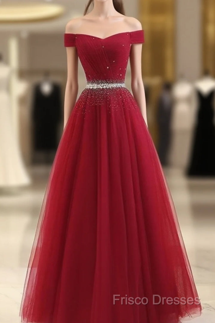 Sequins Burgundy Long Off The Shoulder Formal Prom Dress