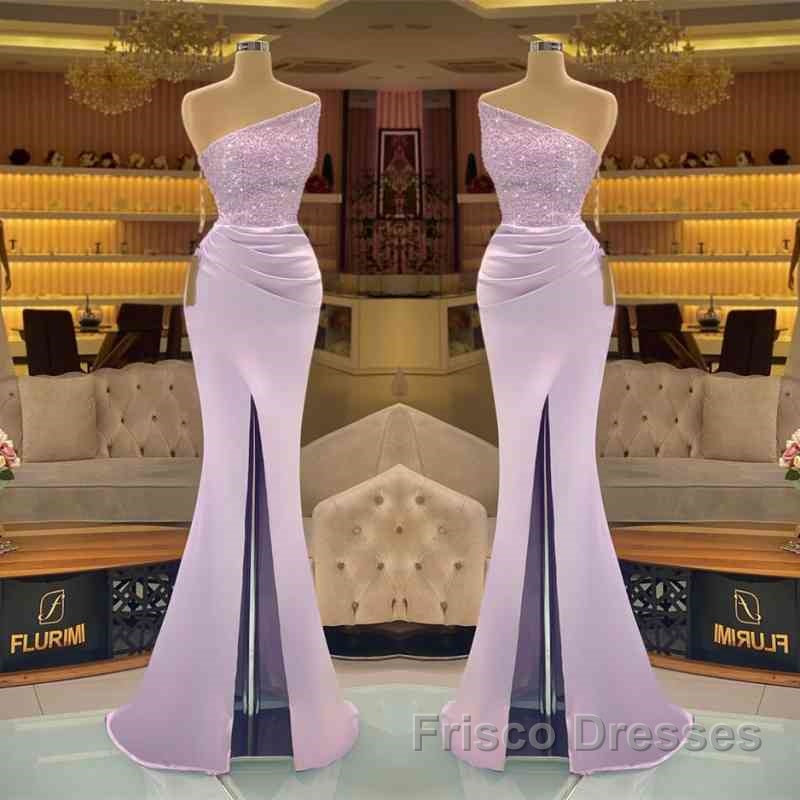 Sequins Formal Dress Light Purple Mermaid Formal Prom Dress Long Slit Strapless