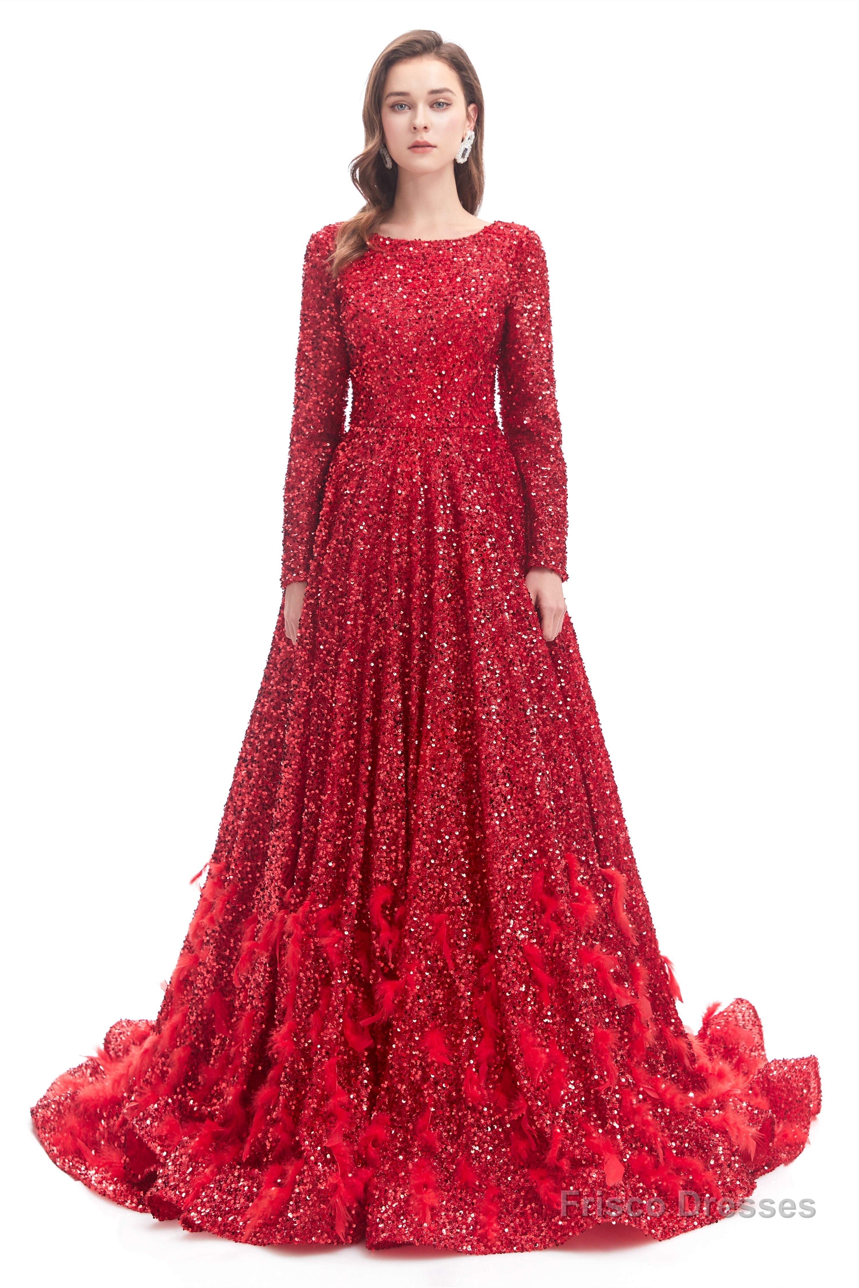 Sequins Long Sleeve Feather A-line Floor Length Prom Dresses Main image