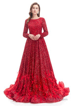 Sequins Long Sleeve Feather A-line Floor Length Prom Dresses