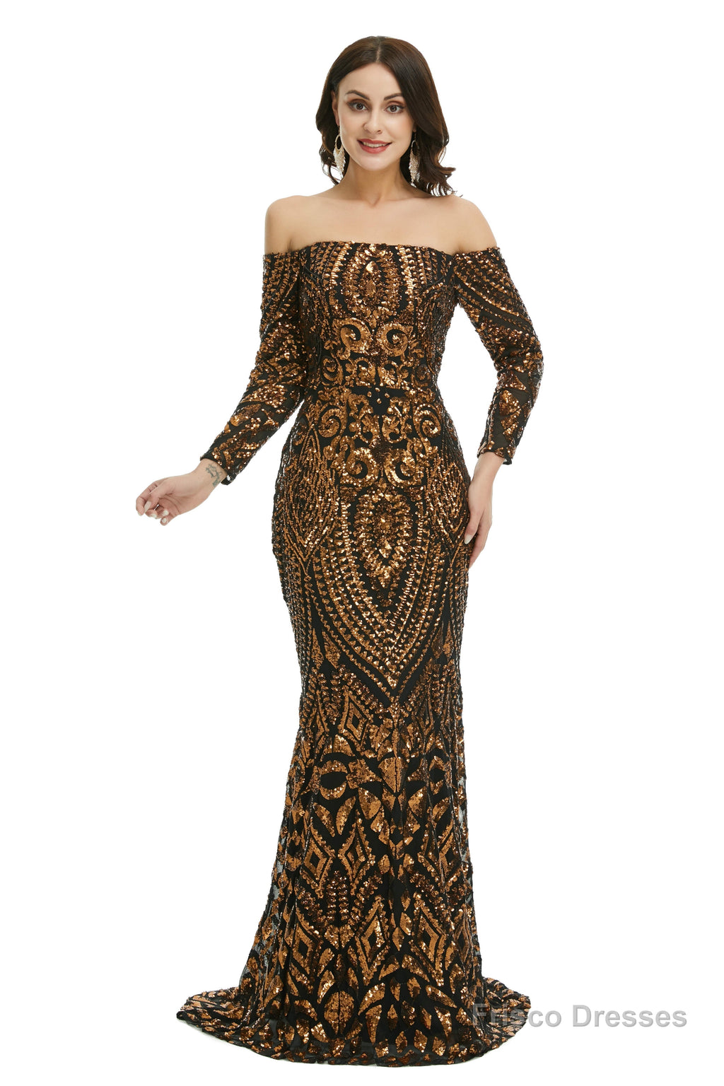 Sequins Mermaid Long Sleeves Off the Shoulder Evening Dresses