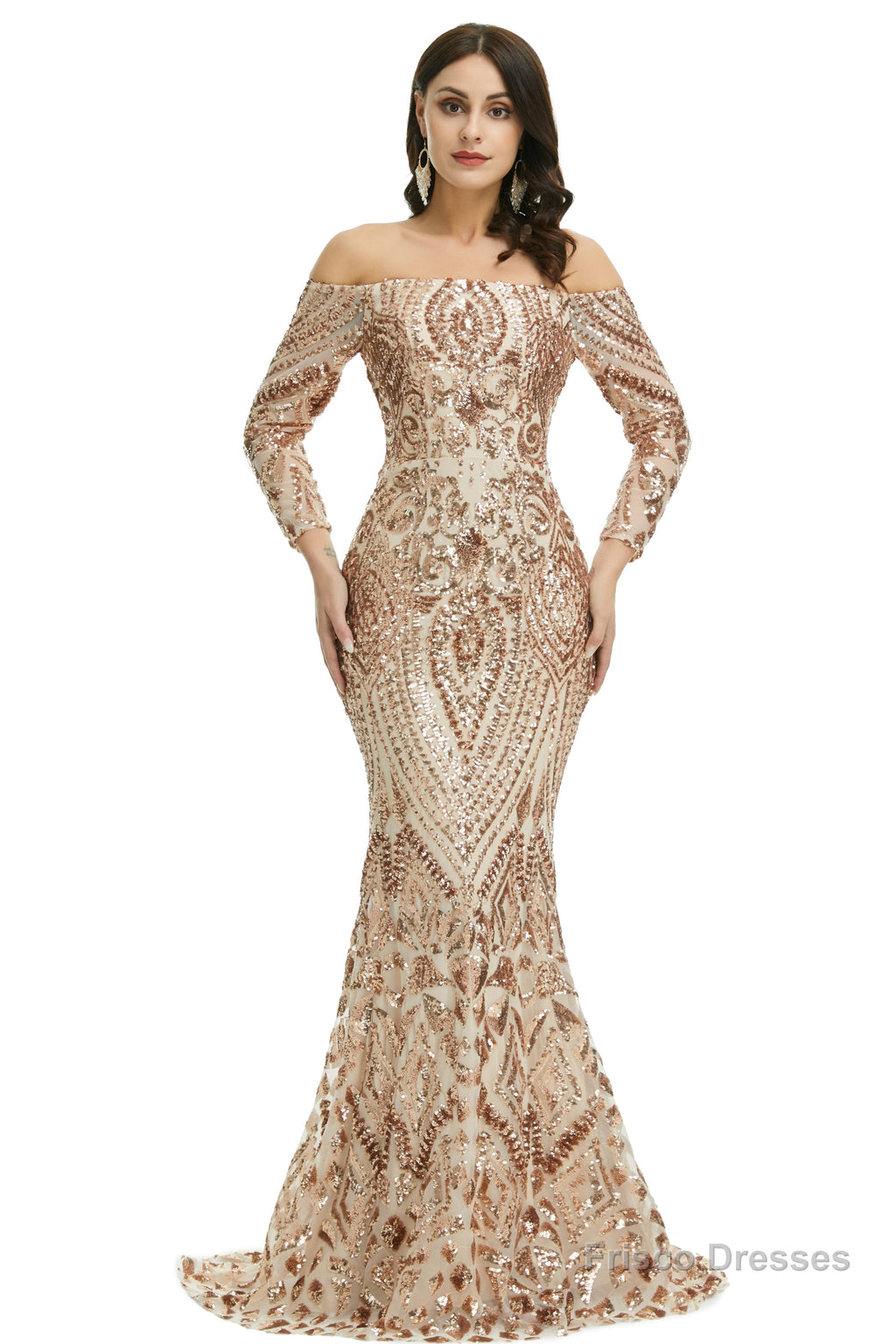 Sequins Mermaid Long Sleeves Off the Shoulder Evening Dresses