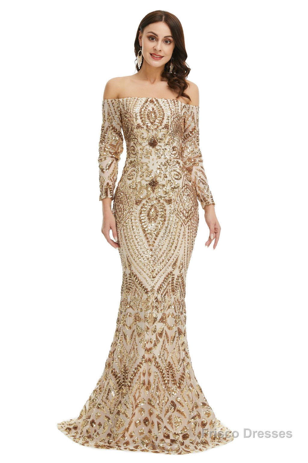 Sequins Mermaid Long Sleeves Off the Shoulder Evening Dresses