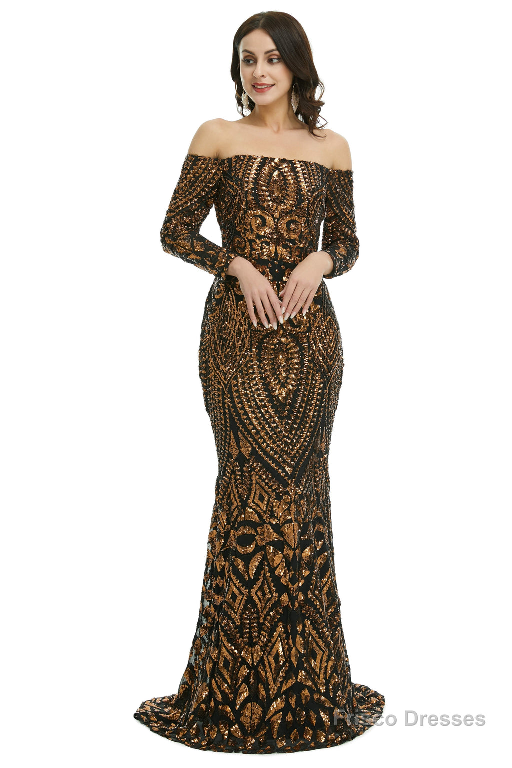 Sequins Mermaid Long Sleeves Off the Shoulder Evening Dresses